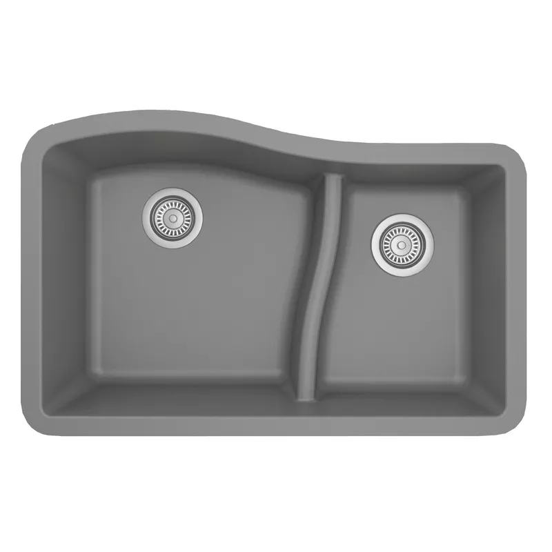 Karran 32″ Undermount Quartz Composite Kitchen Sink, 60/40 Double Bowl, Grey, QU-630-GR