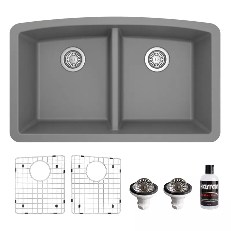 Karran 33″ Undermount Quartz Composite Kitchen Sink, 50/50 Double Bowl, Grey, QU-710-GR